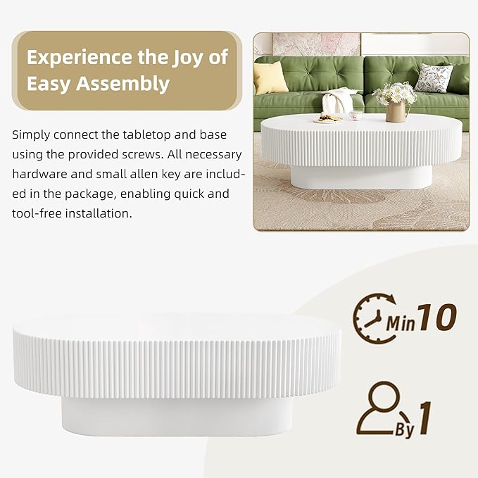 KEVINSPACE Oval Coffee Table for Living Room Modern Wood Center Tables Cocktail Fluted 43.3" W Reception Room Easy Assemble, White
