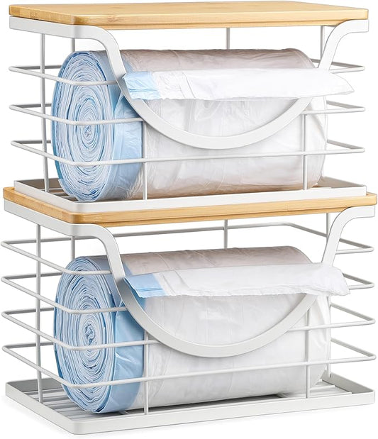 Extra Large Trash Bag Holder Stackable Kitchen Storage White, 2 Pack Wall Mounted Pantry Organizers and Storage with Bamboo Top, Garbage Bag Dispenser Under Sink for Laundry Room and Kitchen-NeatNest