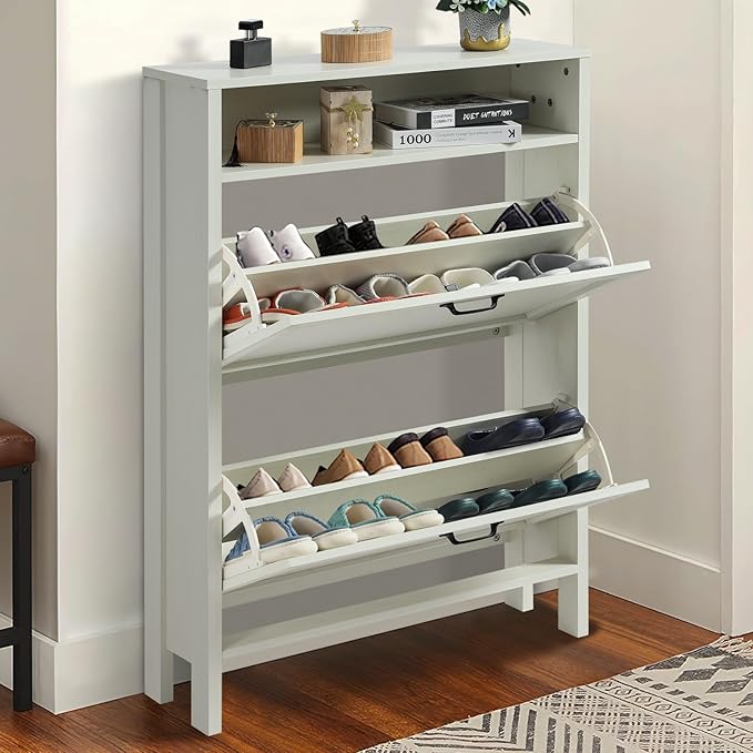 Shoe Cabinet with 2 Flip Drawers, Narrow Shoe Storage Cabinet, Freestanding Shoe Cabinet Organizer, Hidden Shoe Rack Cabinet for Entryway, Hallway (2-Drawers, Off White)-NeatNest