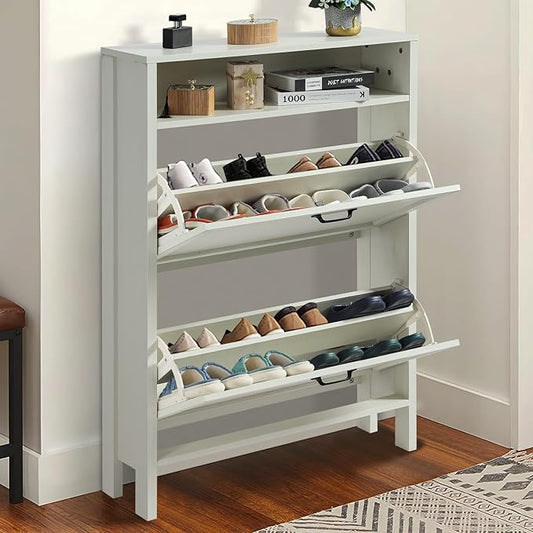 Shoe Cabinet with 2 Flip Drawers, Narrow Shoe Storage Cabinet, Freestanding Shoe Cabinet Organizer, Hidden Shoe Rack Cabinet for Entryway, Hallway (2-Drawers, Off White)-NeatNest