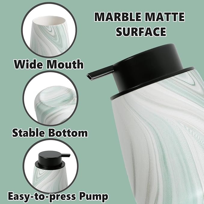 12Oz Ceramic Liquid Soap Dispenser - Modern Lotion Hand Soap Dispenser with Easy-to-Press Black Pump, Reusable and Refillable Dish Soap Dispensers for Bathroom & Kitchen, Marble Green-NeatNest