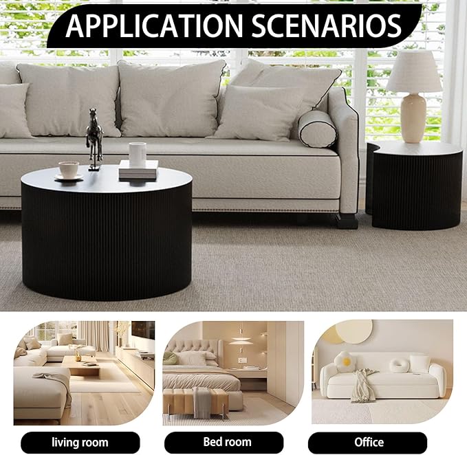 Round Nesting Coffee Table,Modern Fluted Coffee Tables Set of 2, Circle Vertical Stripe Design Drum Center Table Crescent Side Accent and Tables for Living Room (Black)