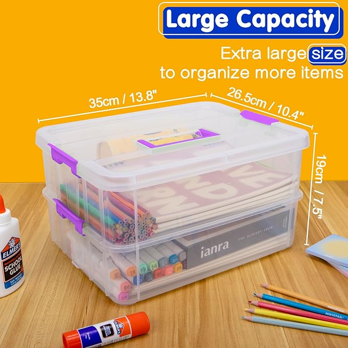 2 Layer Plastic Storage Containers with Lids, Multipurpose Clear Stack & Carry Box, Portable Craft Organizers and Storage Bin for Organizing Art & Craft, Sewing, Makeup, Nail Supplies (Purple)