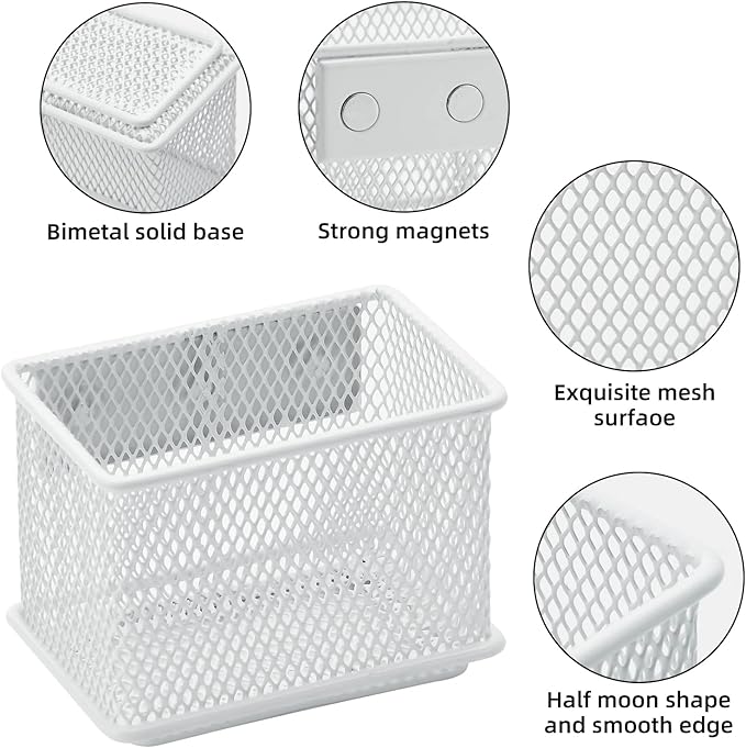 dedoot 2 Pack Pen Holder, 3.45x2.3x2.6inch Magnetic Basket Locker Organizer Metal Mesh Pencil Memo Holder for Whiteboard, Fridge, Desk, Offices,White-NeatNest