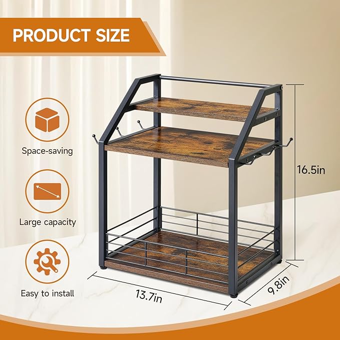 Coffee Station Organizer Mug Cup Holder Stand for Countertop, 3 Tier Coffee Syrup Organizer with 6 Hooks, Home Kitchens(Cabinets), Storage Stations, Office Desktop-NeatNest