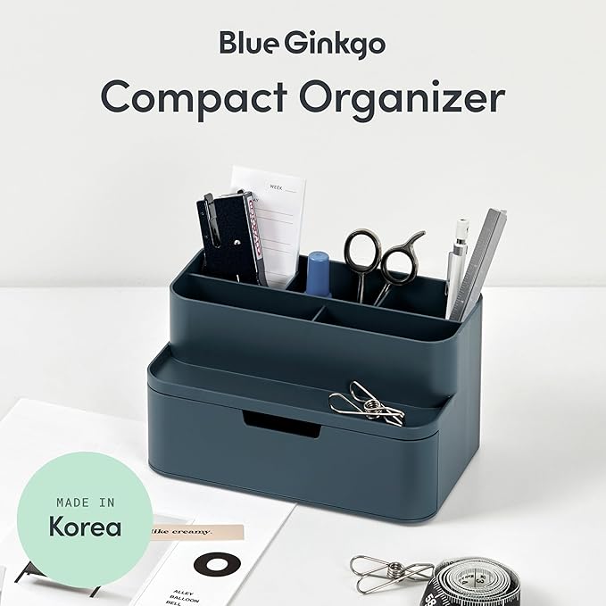 BLUE GINKGO Compact Desk Organizer – Small 5-Compartment, Half Drawer Storage – Pen Holder, Stationery Organizer for Desktop, Vanity, Shelf (Made in Korea, Blue)-NeatNest