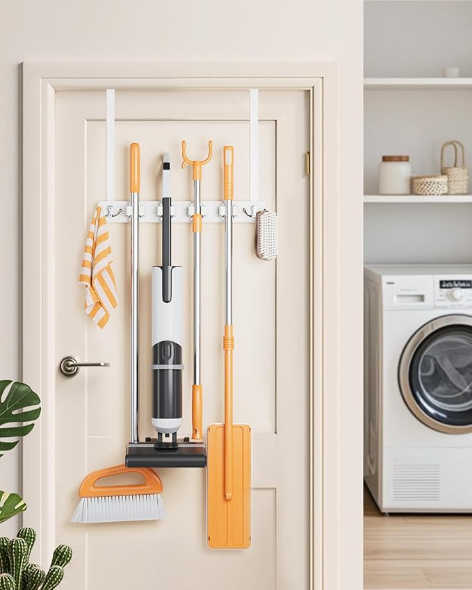 Mop and Broom Holder Wall Mount, No Drill Over the Door Broom and Mop Holder with 4 Slots and 2 Hooks, Wood Tool Hanger for Laundry, Cabinet, Kitchen, Garage