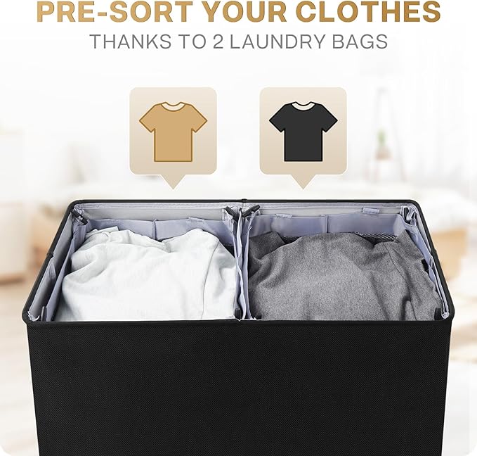SOLEDI Double Laundry Hamper with Lid and Removable Laundry Bags - Large Dirty Clothes Hamper 2 Section - Collapsible Laundry Baskets for Bedroom, Bathroom, Laundry room, Apartment, Black-NeatNest