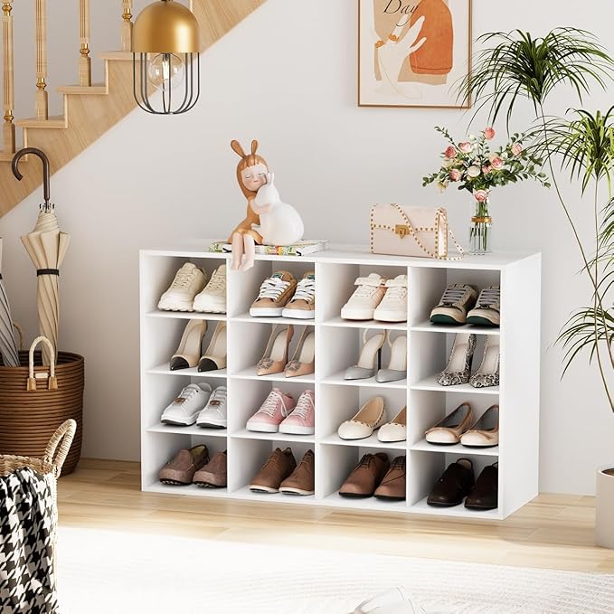 Garden 4 you Shoe Storage Bench, Cubby Shoe Rack with 16 Cubbies, 4-Tier Wood Shoe Rack Organizer, Shoe Organizer Cabinet for Entryway, Hallway, Closet and Garage, White-NeatNest