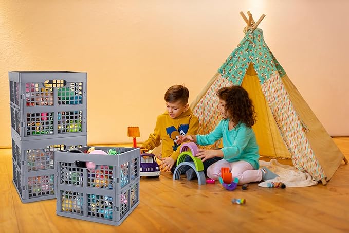 3-Pack Collapsible Plastic Storage Crates,Foldable Crates for Storage,16L (Grey)