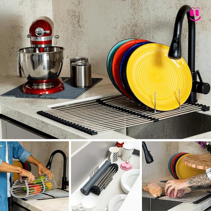 3-in-1 Over Sink Dish Drying Rack – Roll-Up Sink Rack, Silicone Mat & Folding Dish Rack – Multi-Functional, Space-Saving Kitchen Organizer (Black)