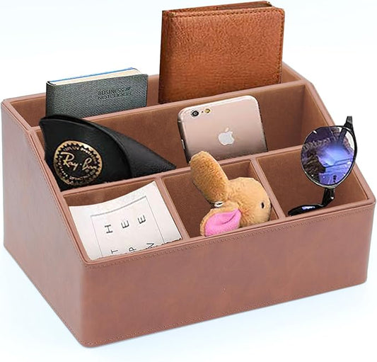 Desk Organizer, Mail Organizer Countertop, Bills Organizer, Mail Sorters, Magazine Holder, Desk Organizer and Accessories for Office Supplies, Brown Leather-NeatNest
