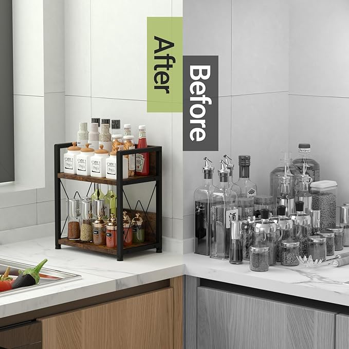 Aduanbang Coffee Bar Accessories Organizer, 2 Tier Wooden Kitchen Counter Shelf, Coffee Organizer Station for Countertop, Condiment Rack for Mugs, Cups, Cream, Syrup-NeatNest
