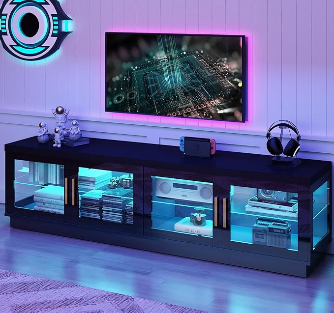 71IN LED TV Stand for 85/80/75inch TV,High Glossy Modern Black TV Stands for Living Room,Gaming Entertainment Center with Storage Cabinet,RGB LED(Black)-NeatNest