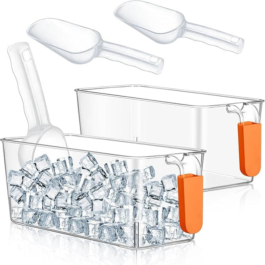 Havawish 2 Set Ice Bin and Flexible Scoop Set Plastic Freezer Ice Bin with Pull out Handle Clear Storage Bucket for Container with Bucket Scoop(Orange,10.83 x 4.92 x 4.33 in)