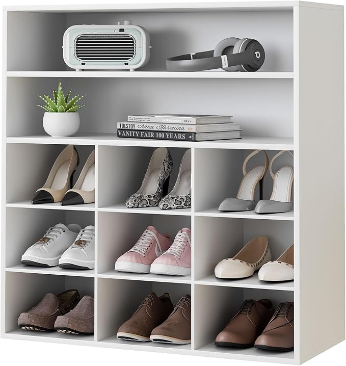 Garden 4 you Shoe Rack Organizer, 5-Tier Wood Cubby Shoe Rack with 2 Storage Shelf and 9 Cubbies, Shoe Organizer Cabinet for Entryway, Hallway, Closet and Garage, White-NeatNest
