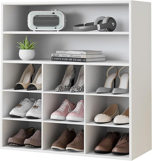 Garden 4 you Shoe Rack Organizer, 5-Tier Wood Cubby Shoe Rack with 2 Storage Shelf and 9 Cubbies, Shoe Organizer Cabinet for Entryway, Hallway, Closet and Garage, White-NeatNest