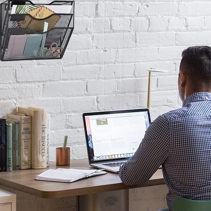 COSYAWN Wall File Holder 3 Pocket Mesh Hanging Wall Organizer Vertical Hanging File Folder Holder Magazine Rack with Nametag Label for Mail Paper Organization,Black-NeatNest