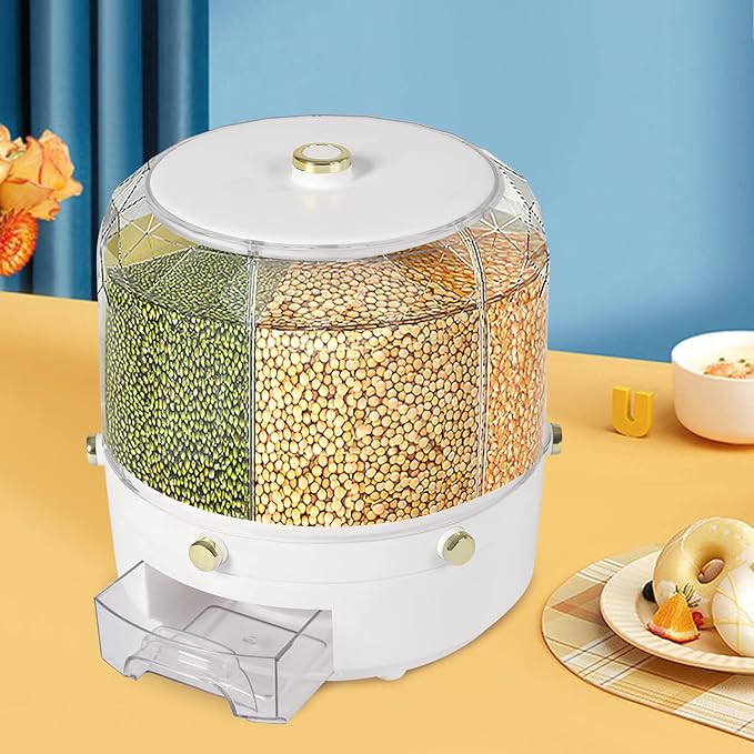 6-In-1Grain Dispenser, Rice & Grain Storage Container, Rotatable Sealed Grain Food Storage, One-Button Pressing Storage Bucket for Grains Snacks Candy Coffee Beans Dog Food Dispenser-NeatNest