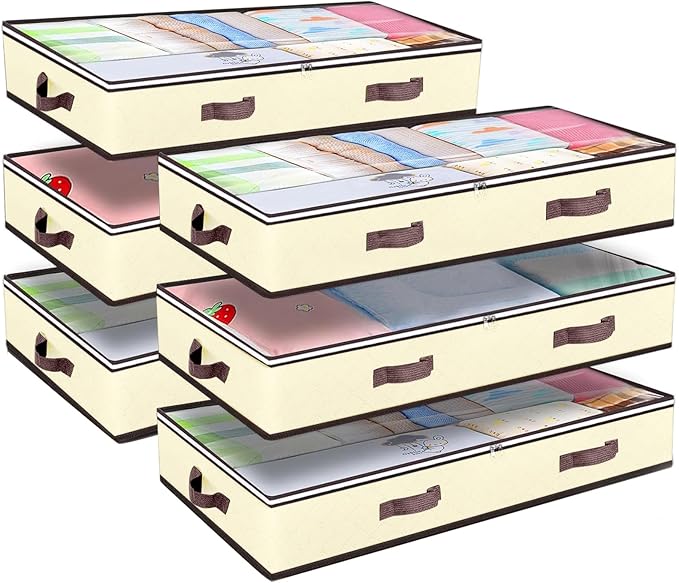 Budding Joy 6 Pack 90L Under bed Storage Containers Organizer Large Capacity Underbed Clothes Storage Bins Organization and Storage Bedroom Foldable Storage Bags with Clear Window Beige-NeatNest