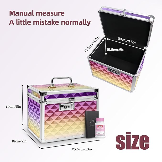 Medication Combination Lock Boxes with Code for Personal Items, Rainbow Medicine Lockbox for Documents 10 x 7.25 x 7.75 Inches Plaid Gold Purple