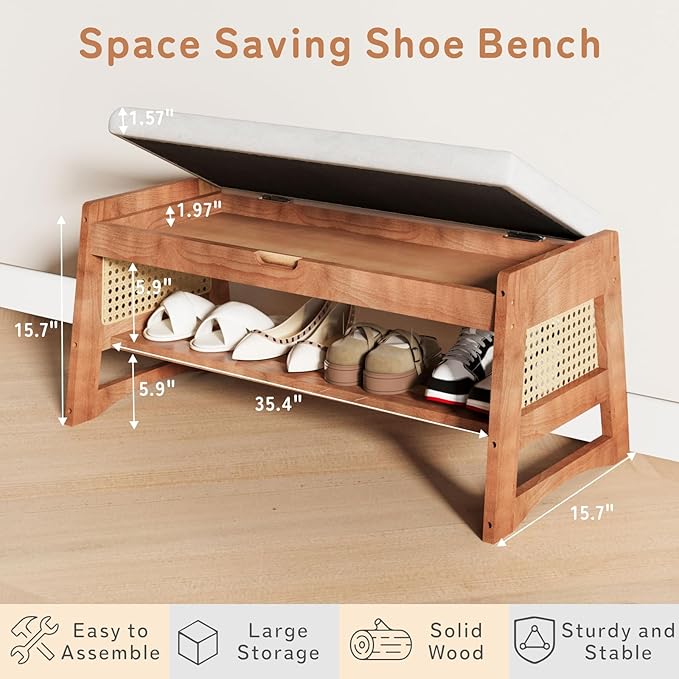 Shoe Rack Bench, 35.4" Solid Wood Entryway Bench with Flip-Top Storage, Cushion, Side Hooks, Shoe Organizer for Front Door Entrance, Hallway, Foyer, Closet, Living Room, Bedroom