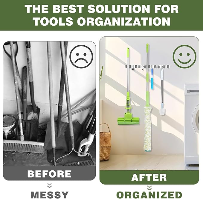 Broom Holder Wall Mount, Broom Organizer Wall Mount Stainless Steel Broom and Mop Hanger Heavy Duty Storage Organization for Home Kitchen Garden Garage Room 5 Racks 4 Hooks (2PACK)(Grey Racks)-NeatNest