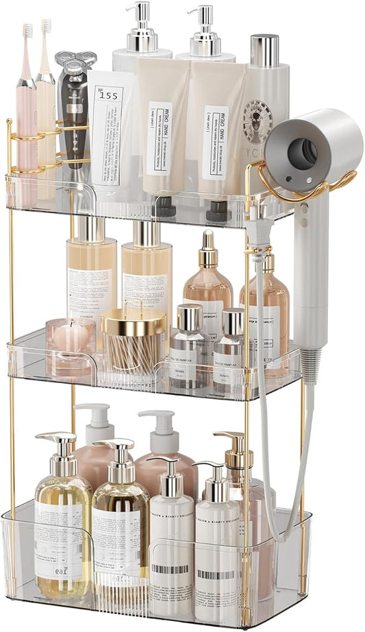 3 Tier Bathroom Organizer Countertop Makeup Perfume Tray Skincare Organizer Comes with Hair Dryer Rack and Toothbrush Holder for Bathroom Dresser Vanity (White)-NeatNest