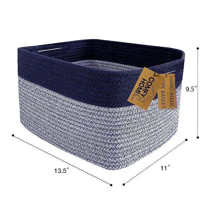 COMFY-HOMI Rectangular Cotton Rope Basket With Handles for Shelves|Dog Toy|Baby Gift - Dark Blue (13.5" x 11" x 9.5")-NeatNest