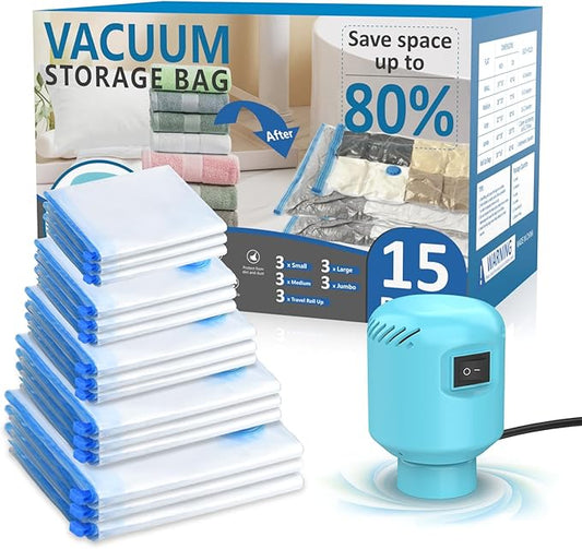 Vacuum Storage Bags for Travel with Electric Air Pump,15 Pack(3 Jumbo,3 Large,3 Medium,3 Small,3 Roll Up Bags) Double Zip Seal Space Saver Bag for Comforters,Clothes,Mattress,Blanket, Duvets-NeatNest