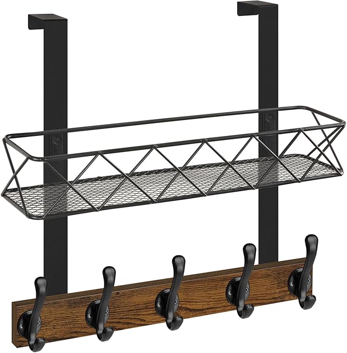 YINMIT Over The Door Hooks Organizer, Over The Door Hanger with Basket, Over The Door Towel Rack with 5 Metal Hooks, Over Door Hanger for Bathroom, Bedroom, Kitchen