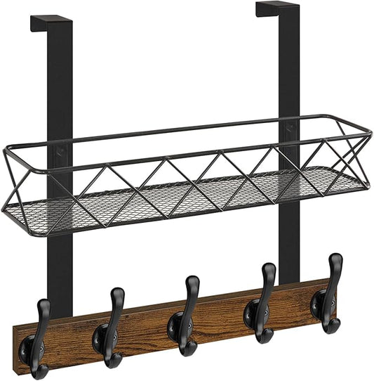 YINMIT Over The Door Hooks Organizer, Over The Door Hanger with Basket, Over The Door Towel Rack with 5 Metal Hooks, Over Door Hanger for Bathroom, Bedroom, Kitchen