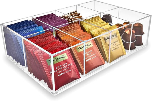 Acrylic Tea Bag Organizer - Clear Tea Storage Box, K Cup Coffee Pods Holder with 8 Compartments, Tea Station Organizer for Countertop, Modern Tea Display Stand-NeatNest