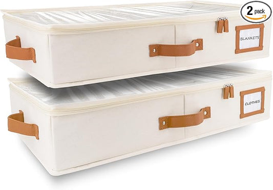 HOMELUX THEORY 2pc Under Bed Storage Containers, Bedroom Under the Bed Drawer Storage Organizer with Bins and Lids, Large Underbed Clothes Storage Box Ideal for Blanket, Fabric, & Shoes (Ivory)-NeatNest