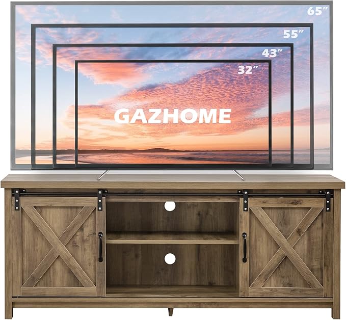 GAZHOME Farmhouse TV Stand with Sliding Barn Doors, Media Entertainment Center Console Table for TVs up to 65”,2-Tier Large Storage Cabinets,Rustic TV Stand for Living Room Bedroom,Light Grey-NeatNest