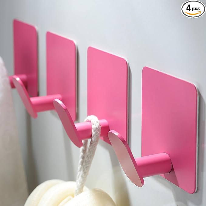 DELITON 4 Pack Hooks for Wall - Cute Kids Wall Hook Adhesive Coat Robe Towel Hooks for Bathrooms Kitchen Heavy Duty Stainless Steel, Pink-NeatNest