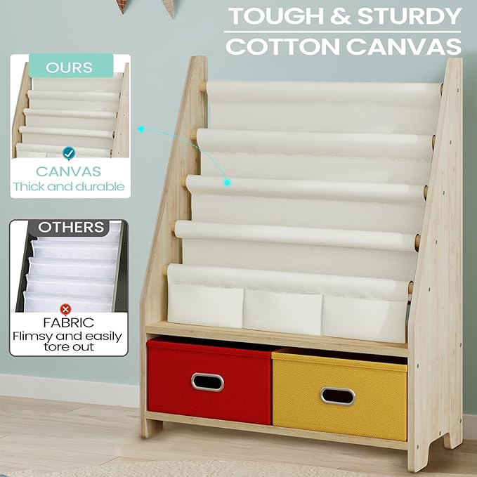4 Tier Kids Book Shelf, Wooden Kids Book Rack Storage Bookshelf with Toy Storage Organizer, Toddler Sling Bookshelf for Boys, Girls, Kids Room, Red/Yellow