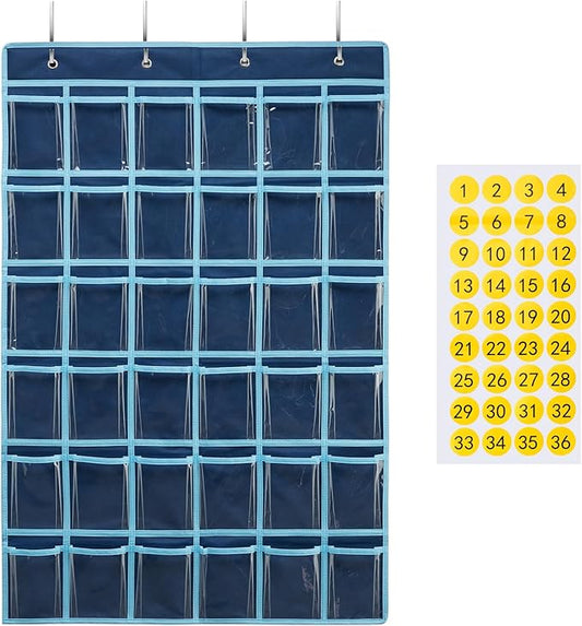 36 Clear Pockets Classroom Pocket Chart for Cell Phone and Calculator Holder, Door Hanging Pocket Chart for Classroom Phone Holder with Number Sticker and Hooks (Blue)-NeatNest