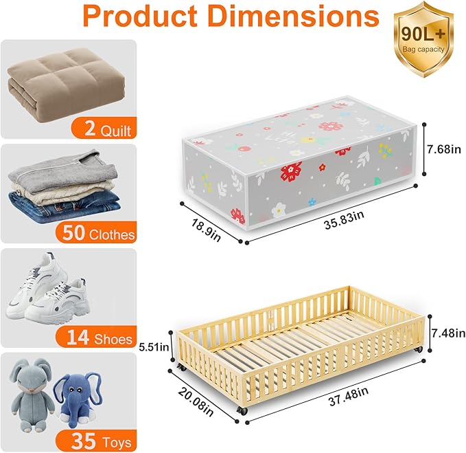 2Pack Bamboo Under Bed Storage Containers, UnderBed Storage with Wheels & 90L Large Capacity Dust Bag, Sturdy Rolling Under Bed Clothes Storage for Shoes Toy Book, Nature (37.48" × 20.08")-NeatNest