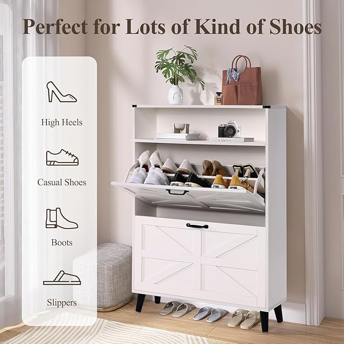 Shoe Storage Cabinet for Entryway - Narrow Shoe Rack Cabinet with 2 Flip Drawers, Shoe Organizer with Adjustable Shelves Free Standing Slim Hidden Shoe Cabinet with Hooks for Hallway Foyer Garage-NeatNest