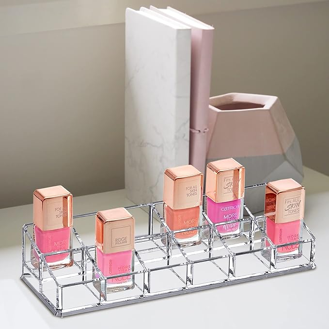 Amazing Abby - Glamour - 12-Slot Acrylic Nail Polish Organizer, Lipstick Holder, Lip Gloss Organizer, Cosmetic Storage Display, Perfect Storage Solution for Drawer, Vanity, Bathroom, and More-NeatNest