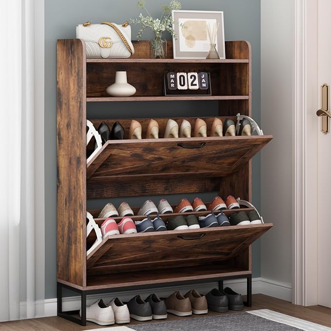 Shoe Cabinet, Freestanding Tipping Bucket Shoe Storage Cabinet with 2 Flip Drawers, Entryway Shoe Rack with Storage Top Cubby, Narrow Slim Hidden Shoe Organizer with Doors (Brown)-NeatNest