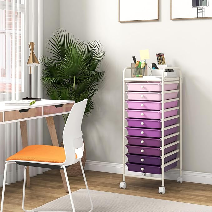 COSTWAY 10-Drawer Rolling Storage Cart, Utility Mobile Trolley with Removable Drawers & Universal Casters & 2 Brakes, Versatile Flexible Drawer Organizer Cart for Home, Office, Purple Gradient-NeatNest