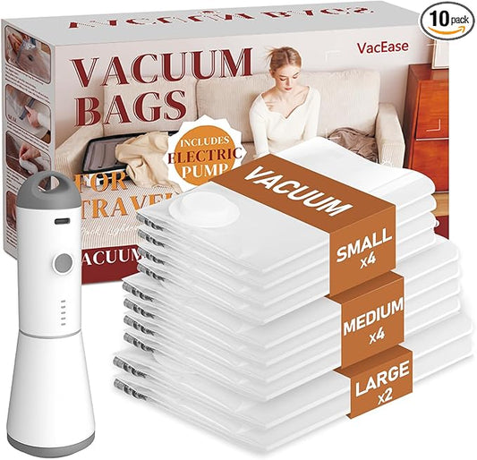 Vacuum Storage Bags for Clothing Travel, 10 Pack Vacuum Bags with Wireless Charging Air Pump(2 Large+4 Medium+4 Small), Compression Packing for Clothes Blanket Suitcase Luggage-NeatNest