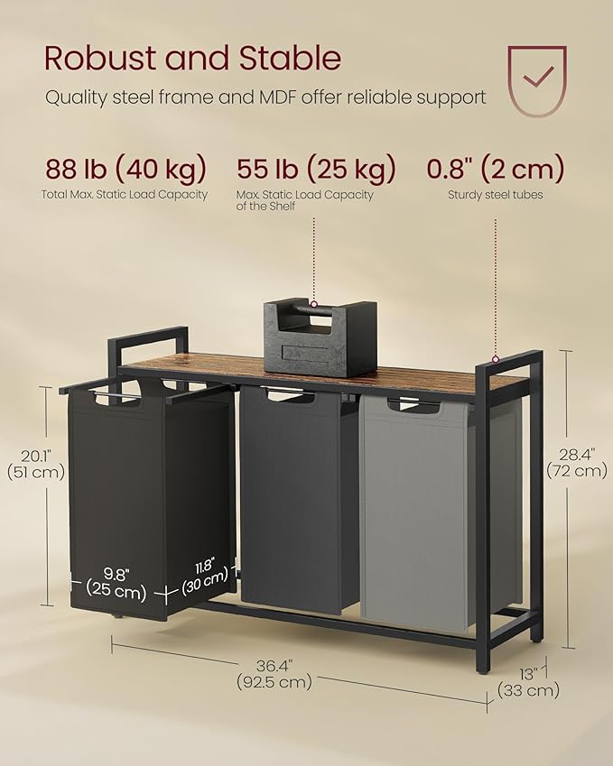 VASAGLE Laundry Hamper, Laundry Basket, Laundry Sorter with 3 Pull-Out and Removable Bags, Shelf, Metal Frame, 3 x 10.6 Gallons (40 L), 36.4 x 13 x 28.4 Inches, Tricolor and Rustic Brown UBLH301X01-NeatNest
