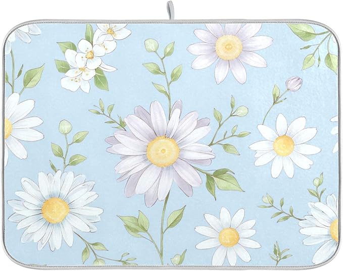 Daisies Flowers Absorbent Dishes Drainer/Rack Mat for Countertop, Microfiber Dish Drying Pads Kitchen Counter Draining Pad Small Size 16 x 18 Inches-NeatNest