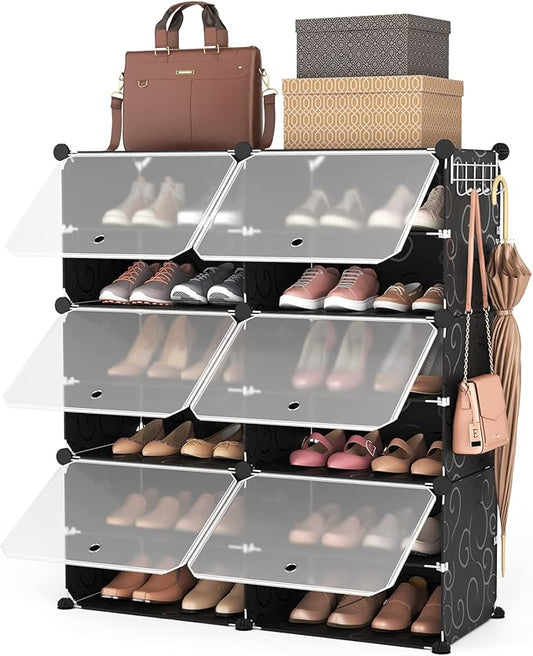 ROJASOP Portable Shoe Rack Organizer 6-Tier Shoe Cabinet 24-Pair shoe Storage Expandable Free Standing Stackable Space Shoe Rack with 2 exclusive Versatile Hooks for Bedroom Black-NeatNest