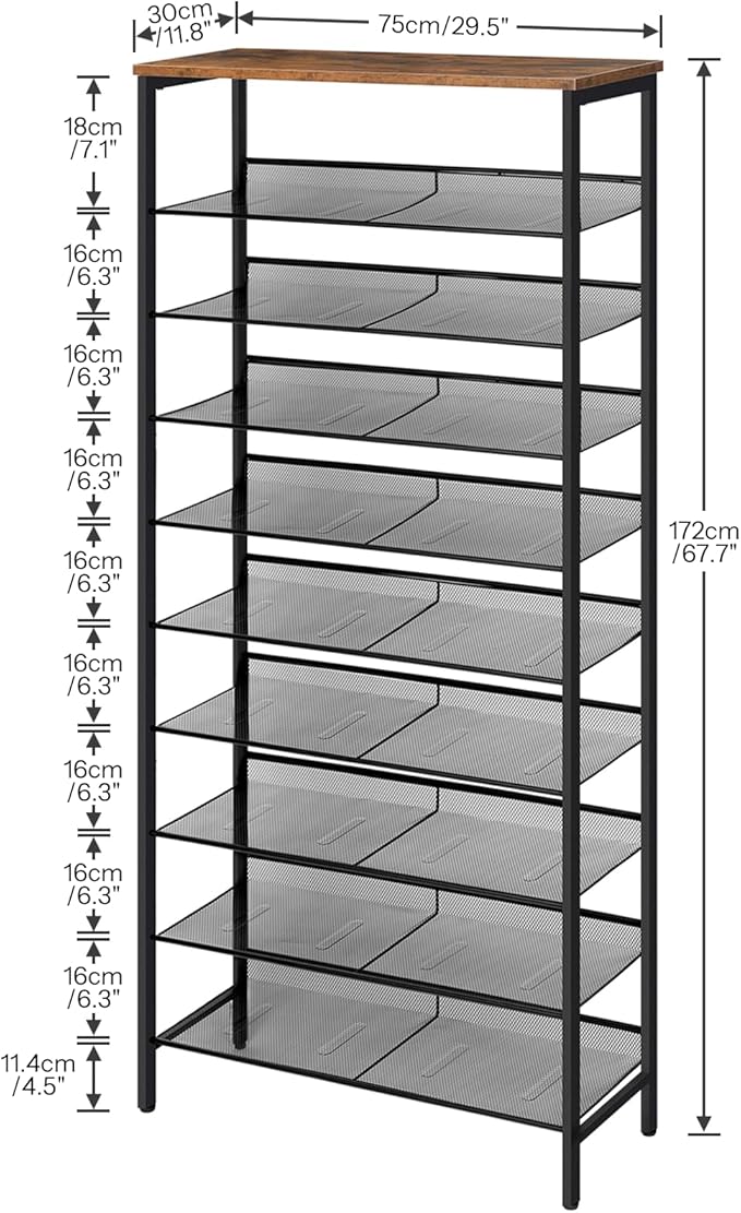 HOOBRO 10-Tier Shoe Rack, 29.5"L Shoe Shelf, Large Capacity Shoe Storage Organizer for 27+ Pairs of Shoes, Front Door Entrance, Entryway, Hallway, Closet, Space Saver, Rustic Brown and Black BF110XJ01-NeatNest