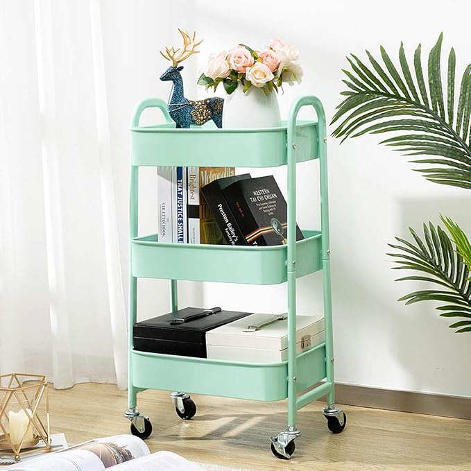 AGTEK Makeup Cart, Movable Rolling Organizer Cart, Macaron Blue 3 Tier Metal Utility Cart-NeatNest