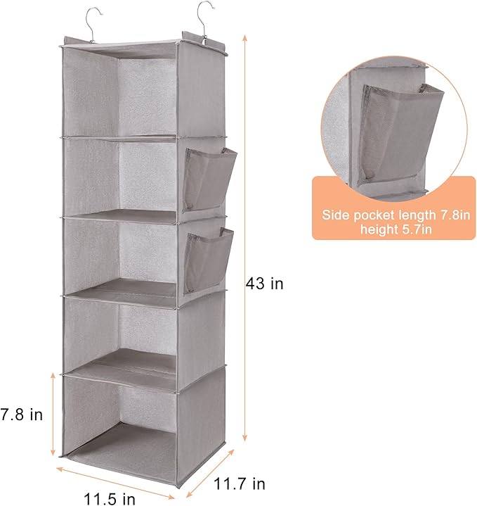 BOOMIBOO Hanging Closet Organize and Shelves，5-Hanging Shelf with 2 Side Pockets，Storage Foldable （Light Grey）-NeatNest